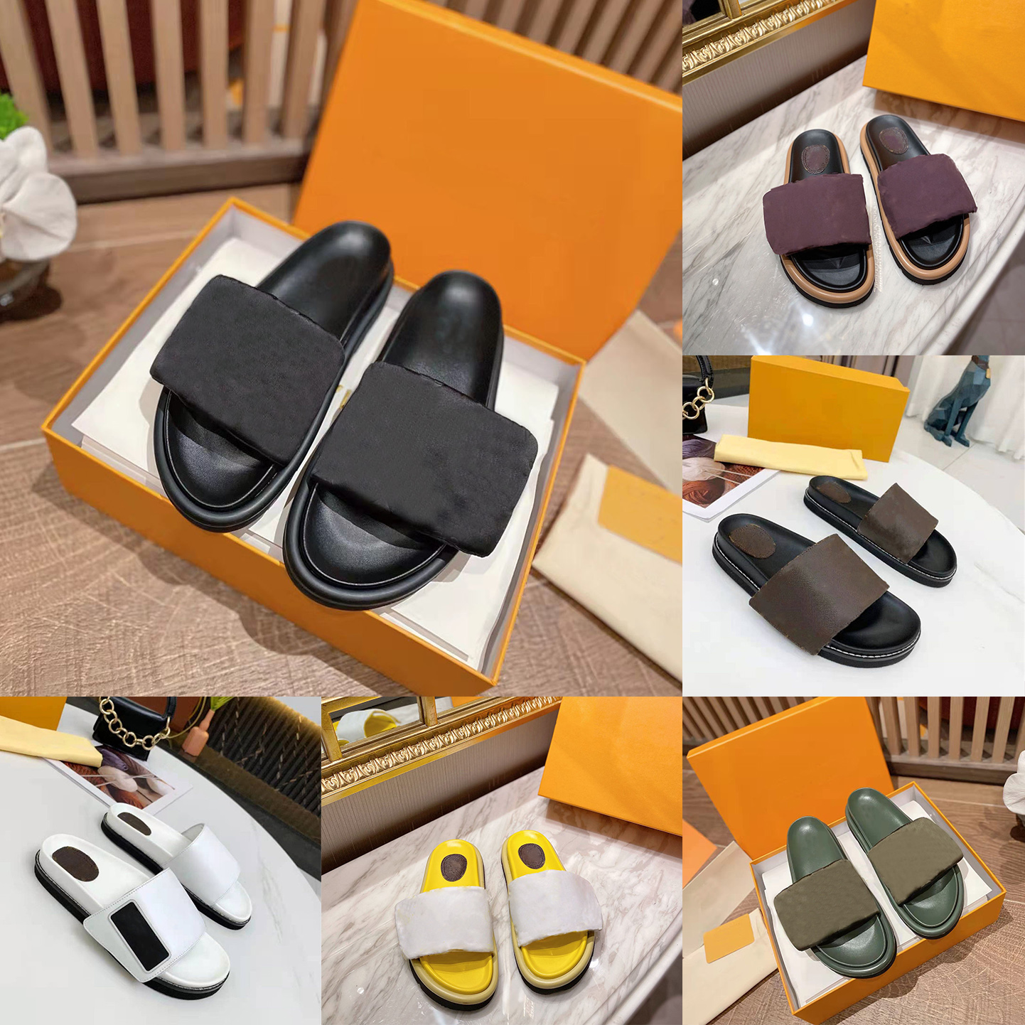 

Designer Slippers Pool Pillow Comfort Sandals Women Calfskin Slides Revival Flat Mules Summer Beach Slipper With Box, 14