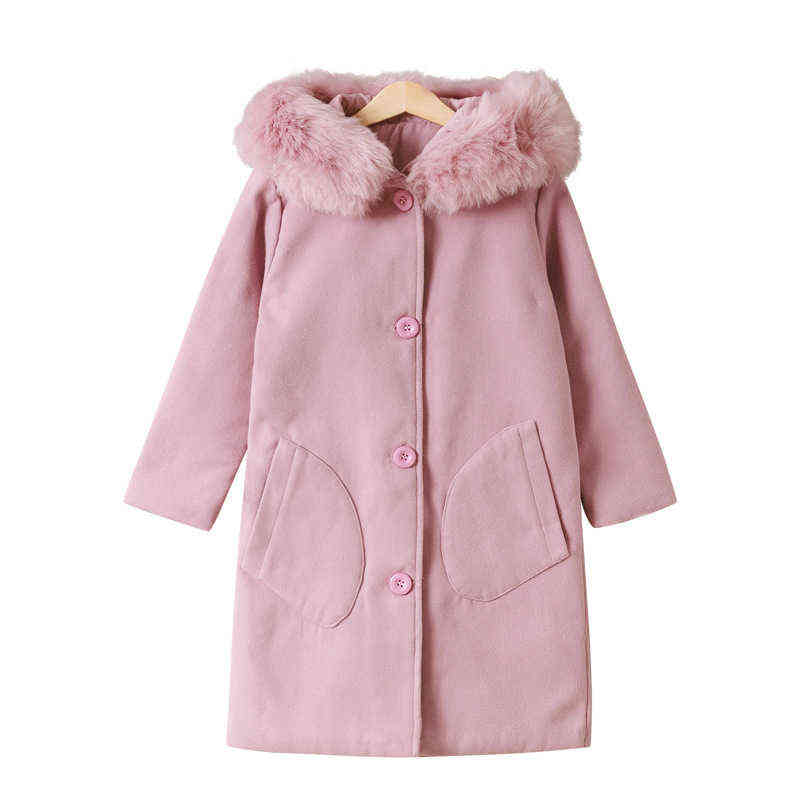 

Girls Autumn And Winter Mid-Length Wool Hoodie Girl Solid Color Girls Large Fur Collar Thick Warm Jacket J220718, Pink