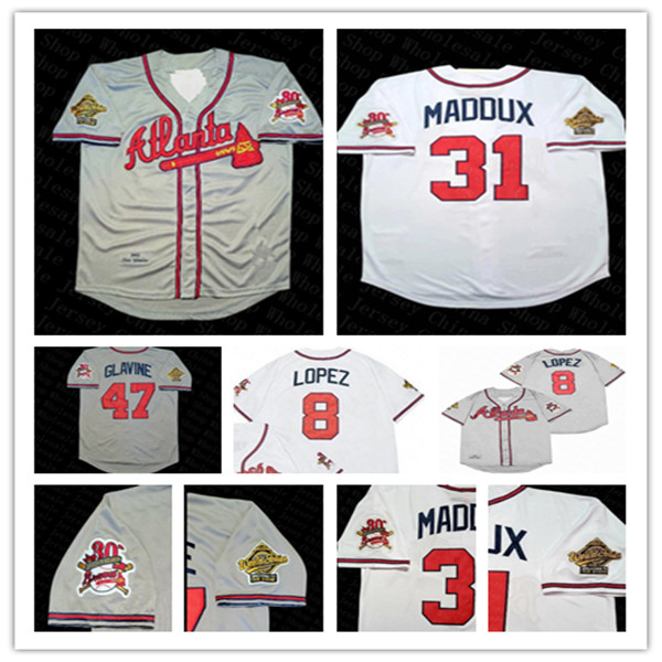 

1995 World Series Atlanta Retro Baseball Jersey Chipper Jones John Smoltz Bobby Cox Javy Lopez David Justice Tom Glavine John Rocker Maddux White Grey  Custom, Man grey