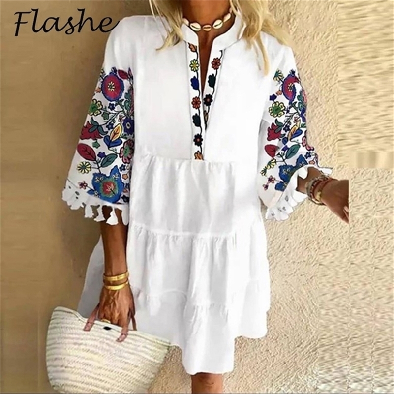 Casual Mini Dress Woman V Neck Summer Vintage Print Patchwork Loose Beach Ladies Party es 220611