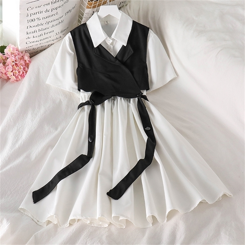 Vintage Gothic Lolita Dress Women Harajuku Black Bandage White Mini Summer Plus Size Short Sleeve High Waist Party Vestido 220611