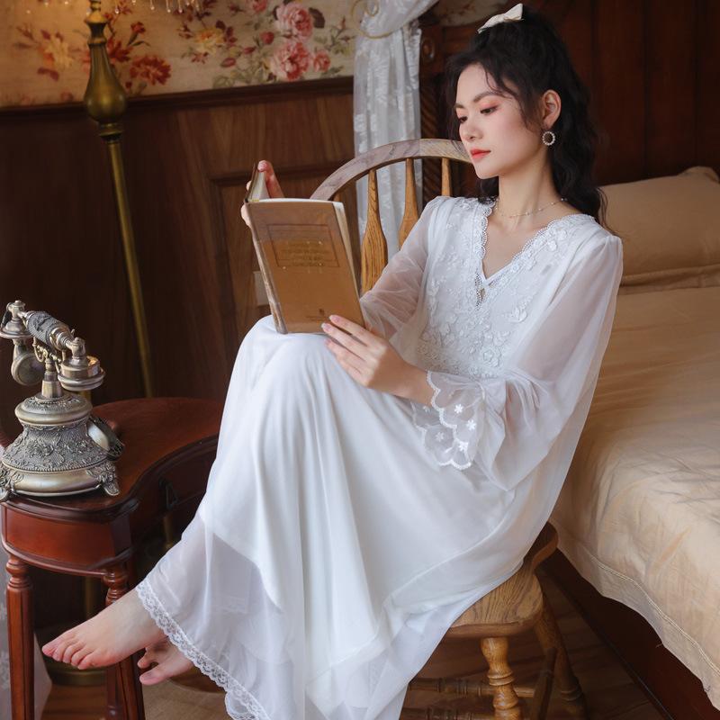 

Women's Sleepwear Roseheart Summer Women Homewear Female White Sexy Nightdress Long Lace V Neck Nightwear Nightgown Gown