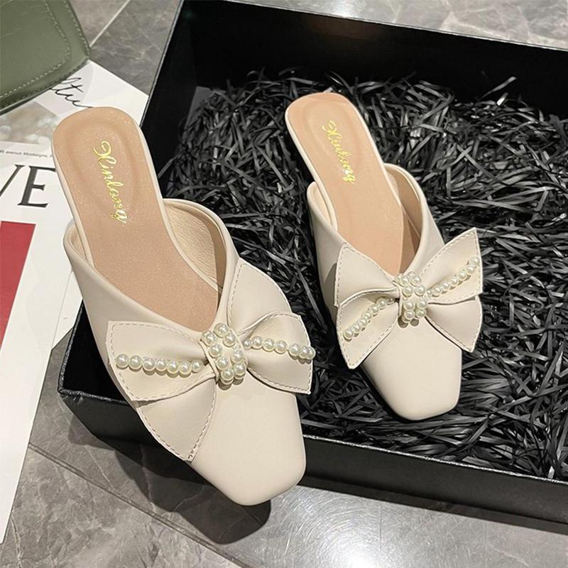 

Slippers Women Mules Shoes Pearl Design Square Toe Soft Sole Casual Loafers Flats Summer Elegant Slip On Woman Khaki, Beige