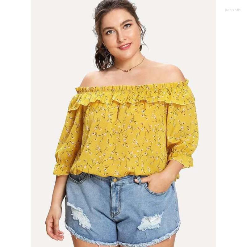 

Women's Plus Size T-Shirt Blouse Floral Ruffled Off-shoulder Chiffon Shirt One-shoulder Pullover Elegant Top Western Summer Jasp22, Yellow