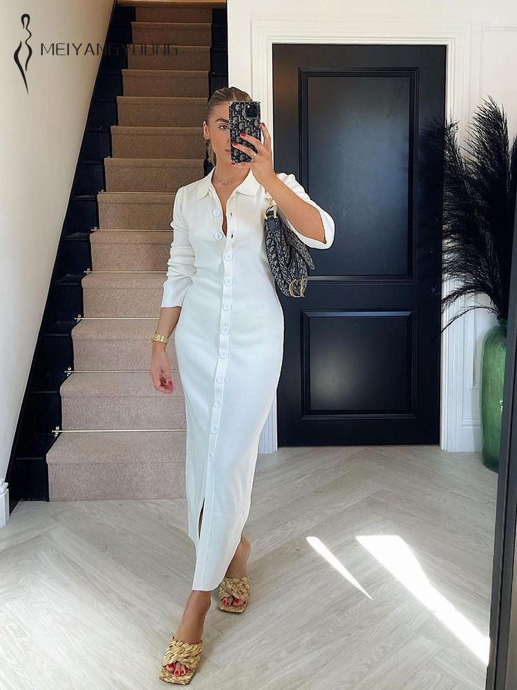 

Casual Dresses MEIYANGYOUNG Buttons Ladies Knitted Bodycon Dress Women White Slim Long Sleeve Maxi Autumn Winter Sexy Party 2022