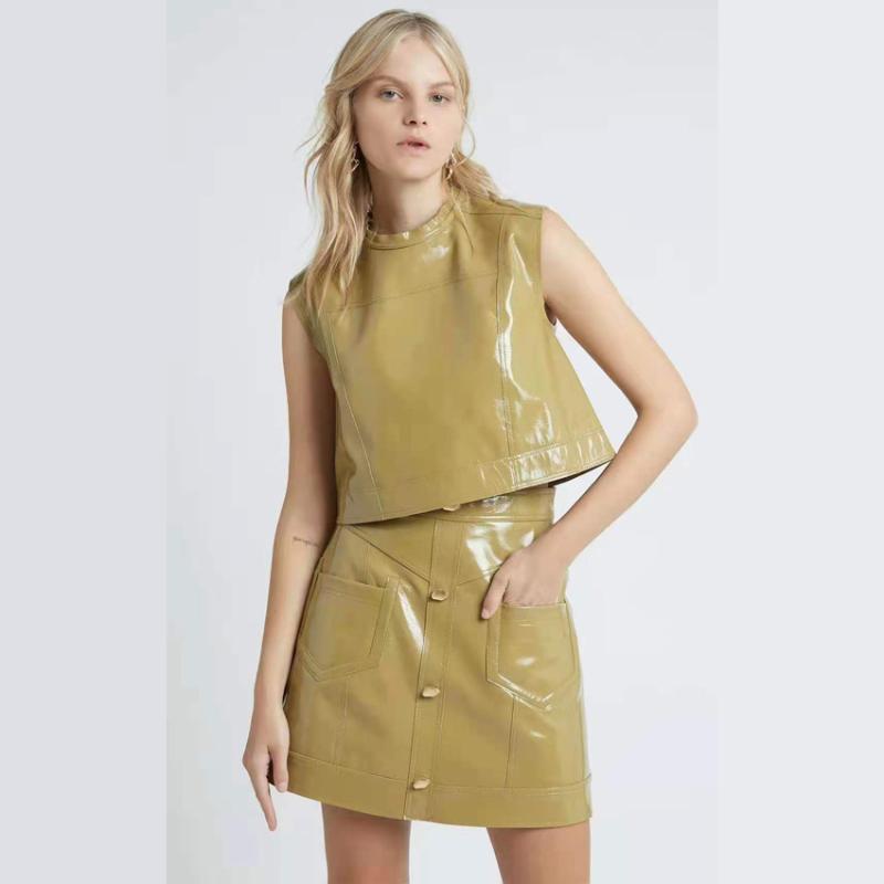 

Work Dresses 2022 Summer OL Sexy Sleeveless Shirts And Mini Skirts Women Sets Faux Leather, Color 3