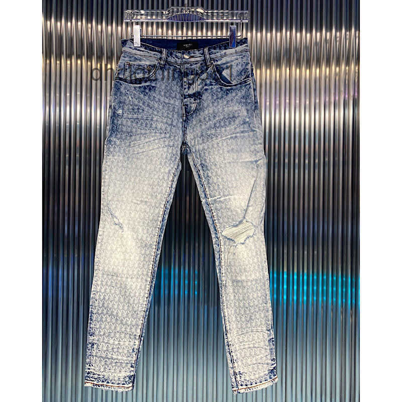 

European and American Jeans designer Amirss Men Jean 2022 new high street washed old blue Bugs Bunny print hole slim fit little fo