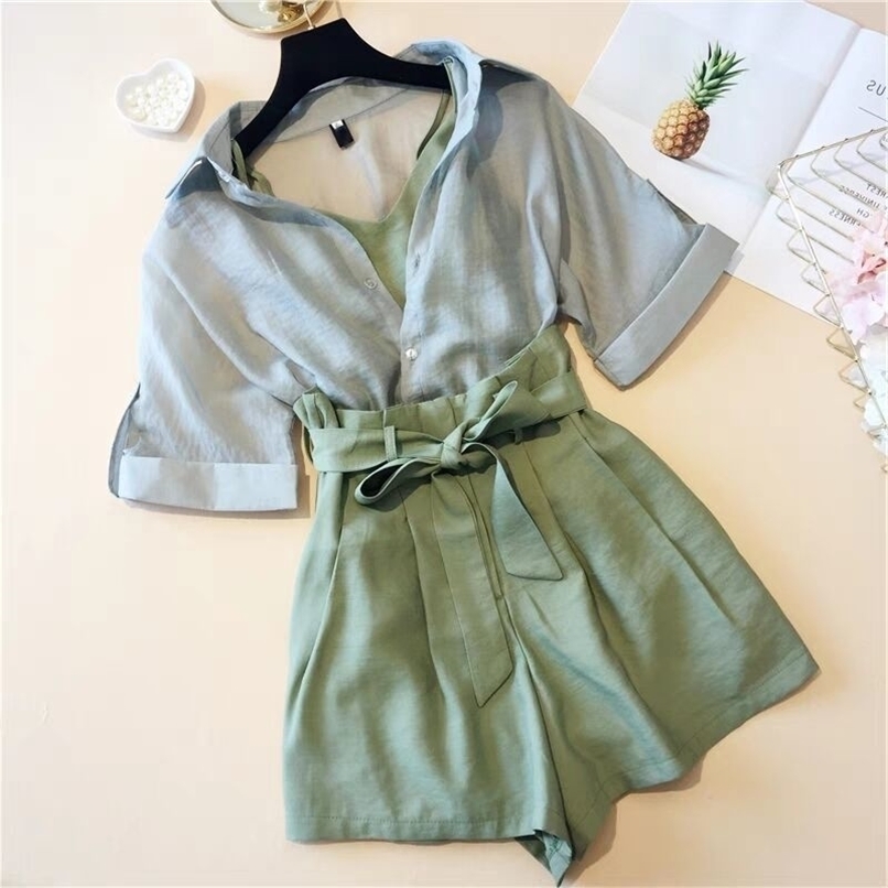 Women Summer Cotton And Linen Three Piece Sets Casual Tops Shorts Elastic Waist Wide Leg Pants Suit Set 3 Piece Set L281 220611