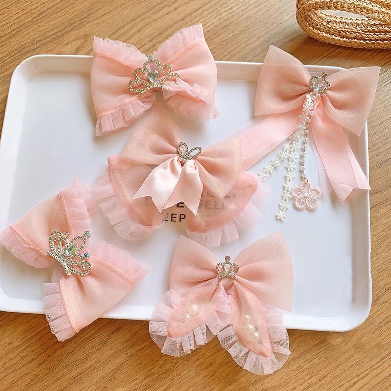 

Hair Accessories Soft Pink Mesh Bow Clips Crystal Rhinestone Crown Princess Hairpins Lace Flower Bowknot Streamer Headwear Sweet Accessoires