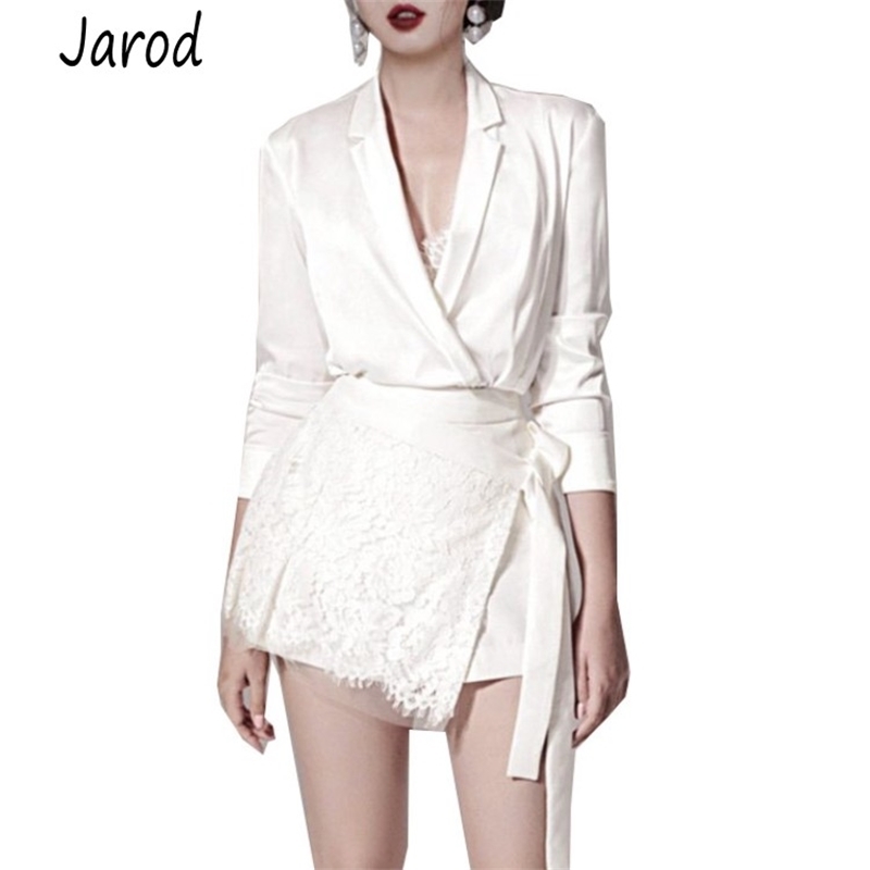 

Spring Women 2 Piece Set Runway White Sexy Silk Turn Down Collar Shirt Suits Bowknot Lace Mini Party Skirt 210526