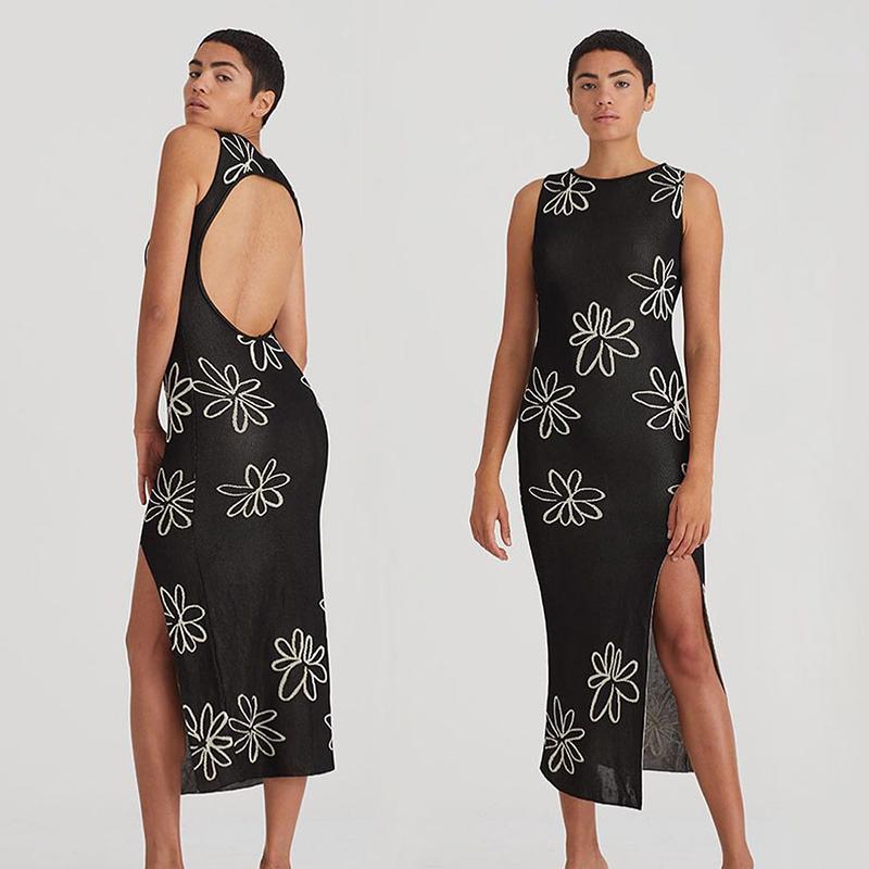 

Casual Dresses Sexy O Neck Knitted Bodycon Dress Women Summer Split Backless Sleeveless Y2K Club Party Beach Midi, Black