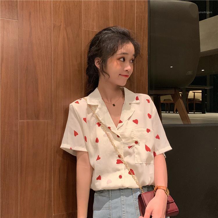 

Summer Sweet Korean Style Women's Clothing Fashion Brand Thin Chiffon Blouses Woman Notched Pockets Love Loose Casual Shirts &, Beige