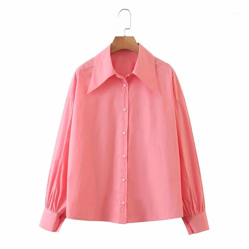 

Women' Blouses & Shirts Women Casual Summer Pink Long Sleeve Blouse Sweet Lady Fashion Single Breasted Turn-down Collar Female Oversize