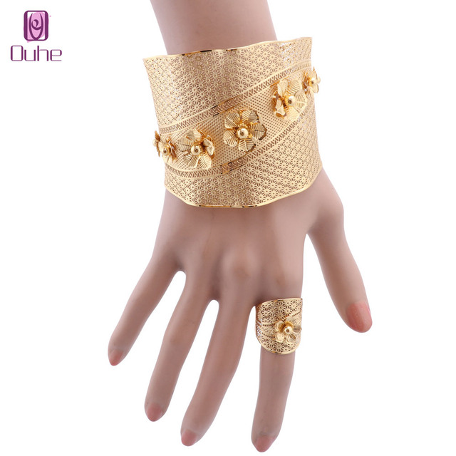 

Dubai Chain Cuff Bangle With Ring For Women Moroccan Gold Bracelet Jewelry Nigerian Wedding Party Gift Flower Bangle