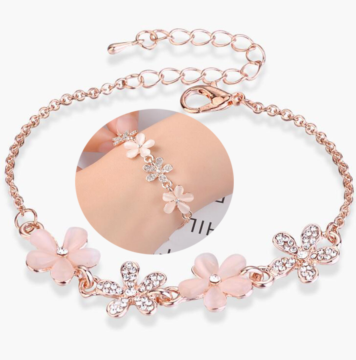 

Women Link Bracelets Rose Gold Plated Pink Cat's Eye Opal Flower Chain Anklet Fashion Charm Popular Trendy Accessories Bangles Jewelry