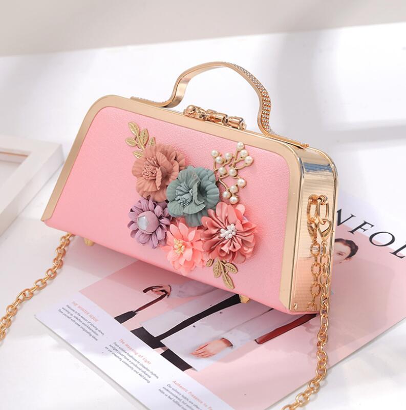 

Evening Bags Female Bag 2022 Pearl Flower Dinner Banquet Hand Chain Single Shoulder Crossbody Princess Small Square, As photo 3