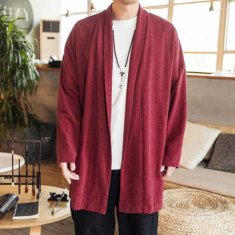 

Ethnic Clothing Oriental Style Cotton Long Cardigan Jackets For Mens Chinese Kimono Coats Flax Red Claret Air ConditioningEthnic EthniEthnic