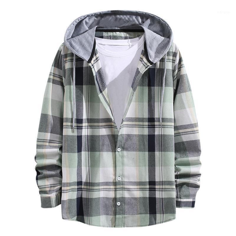 

Men' Casual Shirts Plaid Print Shirt Long Sleeve Single Breasted Loose Hooded Vintage Korean Fashion Male Blouse #8, Green