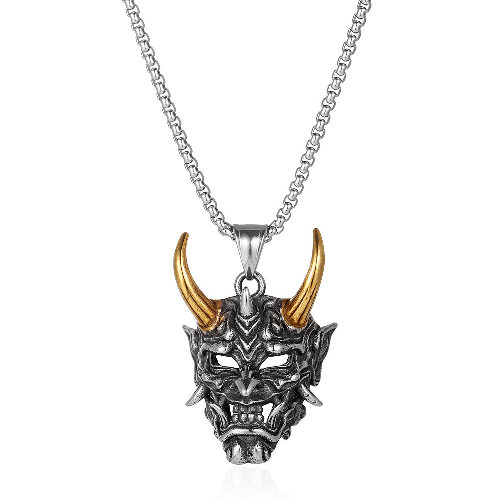 

New Golden Horn Prajna Pendant Men's Ghost Mask Necklace Halloween Gift