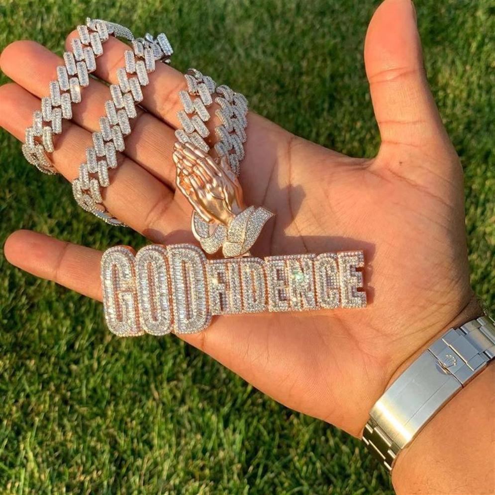 

Chains 2022 Bling Cubic Zirconia Iced Out Praying Hands Pendants Necklaces CZ Letter GOD FIDENCE Charm For Men Boy Hip Hop Jewelry270i