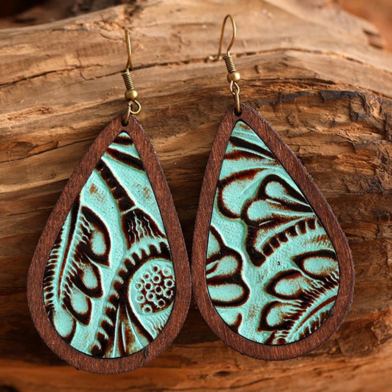 

Dangle & Chandelier Dorp Earrings Jewelry Embossed Geometric Unique Textured Simple Retro Bohemian Wooden Genuine Leather EarringsDangle