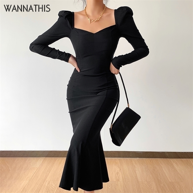 

WannaThis Knitted Women Dress Long Sleeve Square Collar Sexy Ruffle Hem Office Lady Elegant Black Fashion Maxi Robe Female 220607