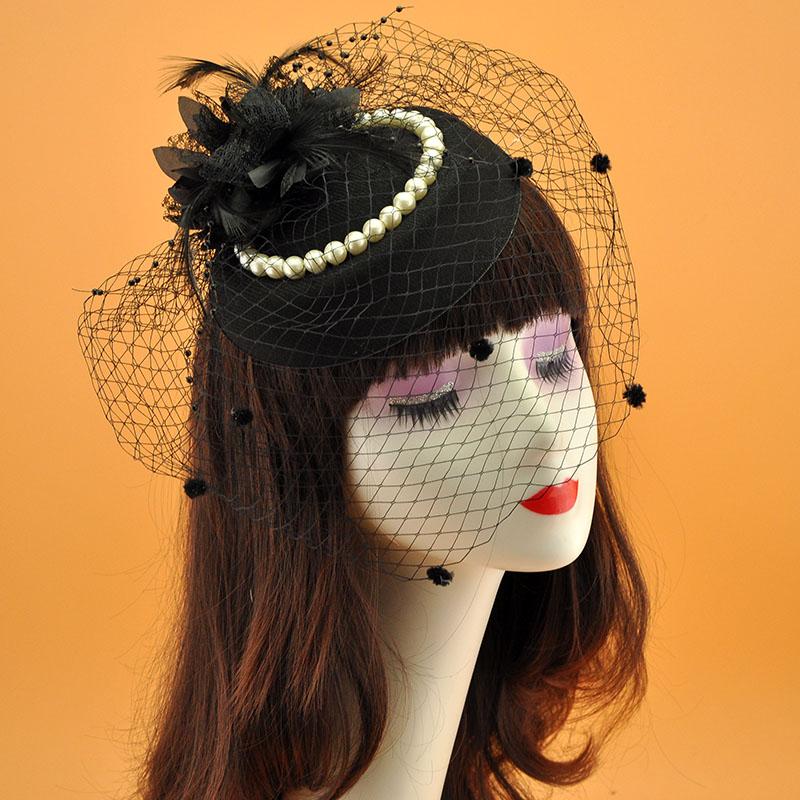 

Headpieces Bride Hat Wedding Face Veil Net Flower Feathers Fascinator Pearls Beaded Women AccessoriesHeadpieces
