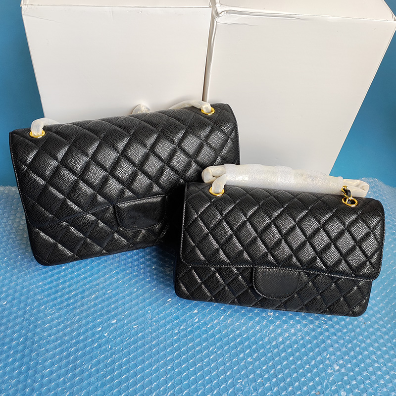 

2022Ss F/W Classic Double Flap Jumbo Caviar Leather Black Bags Gold Metal Hardware Quilted Matelasse Chain Crossbody Shoulder Womens Designer Handbags 25cm/30cm, Box