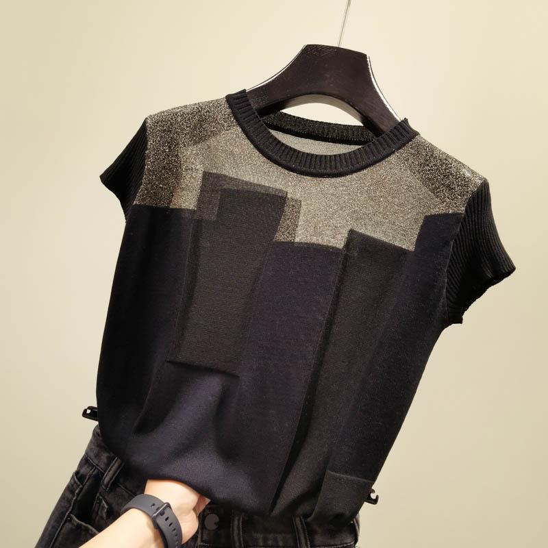 

Women's Blouses & Shirts Korean Patchwork Ice Silk Knitted Tops Blusas Mujer De Moda Women O-neck Short Sleeve Pullover Fashion Thin Blouse, Sky blue