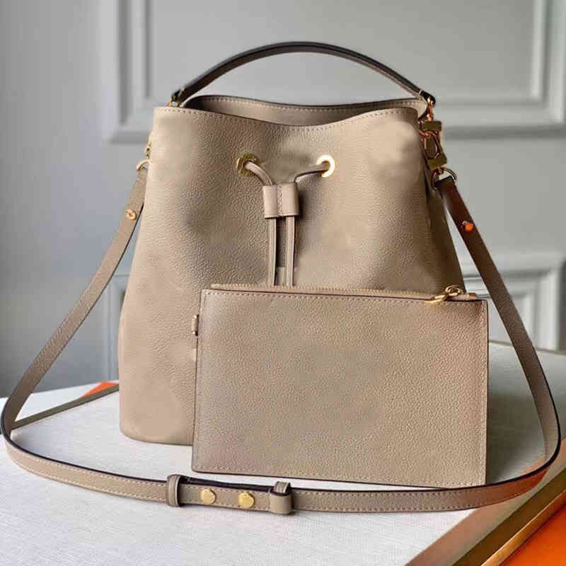 

Neonoe Bucket Bag Fashion Handbag Purse Embossed Letter Graind Genuine Leather Shoulder Crossbody Bags Flower Printing Drawstring Handbags, Beige