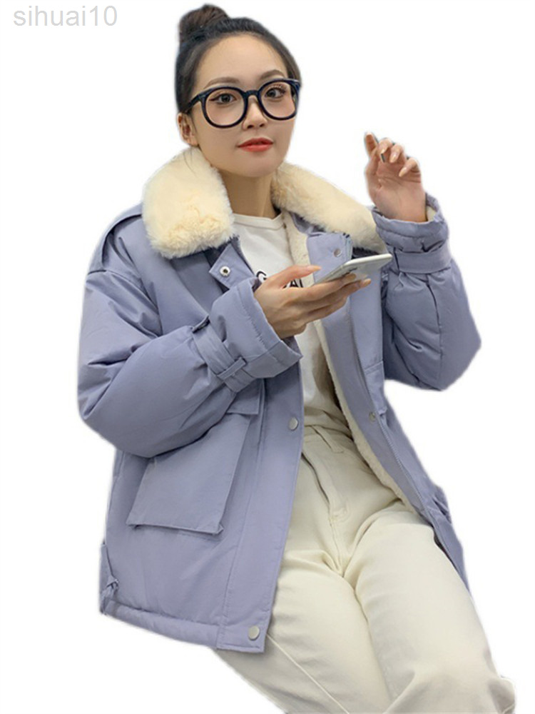 

2022 Winter Clothes New Down Cotton Coat Women Female Korean Version Big Fur Collar Lapel Bread Padded Jacket Female L220730, White