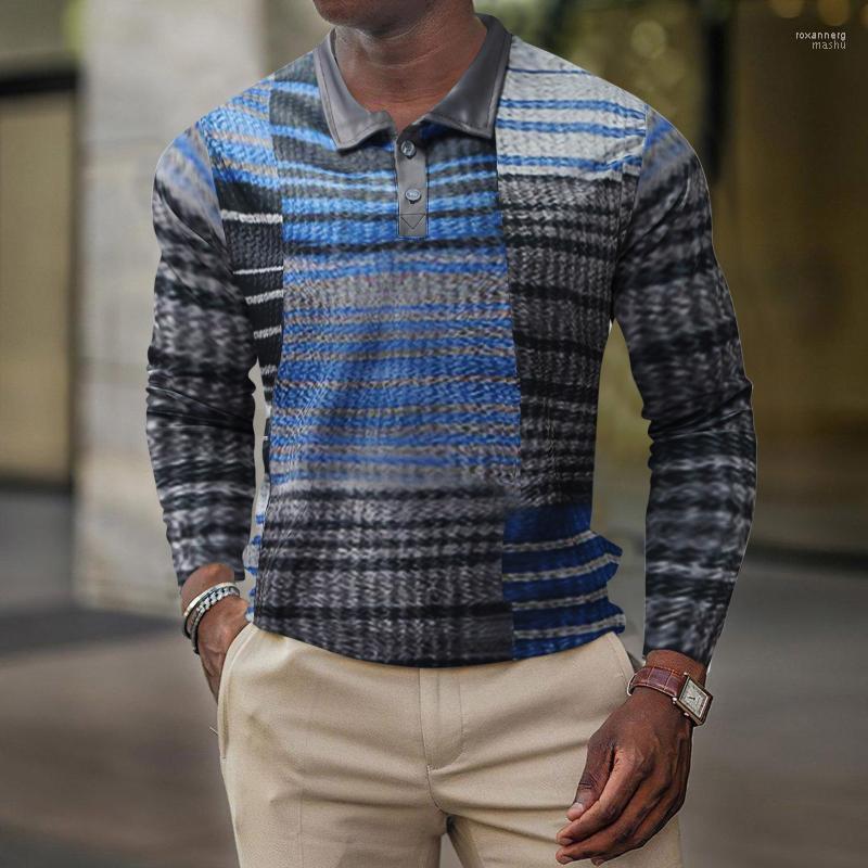 

Men's Polos Shirts Fall And Winter Slim Button 3D Printing Tops Lapel Large Size Multicolor Striped Printed Long Sleeve Roxa22, Blue