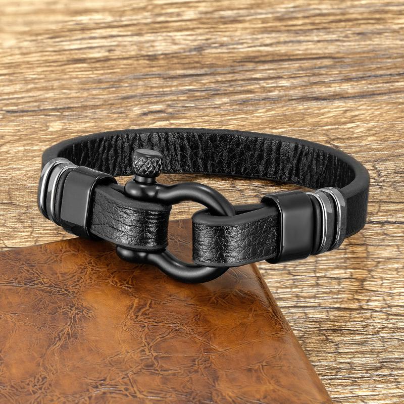 

Charm Bracelets MIN Simple Leather Men's Jewelry Stainless Steel Clasp Bracelet On Hand Black Rope Chain Bangles Boyfriend GiftCharm