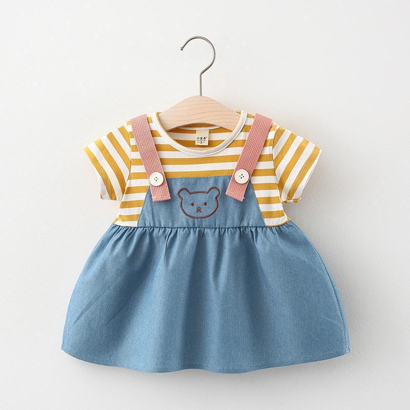

Girl's Dresses Kids Clothing Baby Girls Summer Clothes Denim Skirt Korean Stripe Cute Bear Outfit Fashion Casual Short Sleeve Wear For Babie