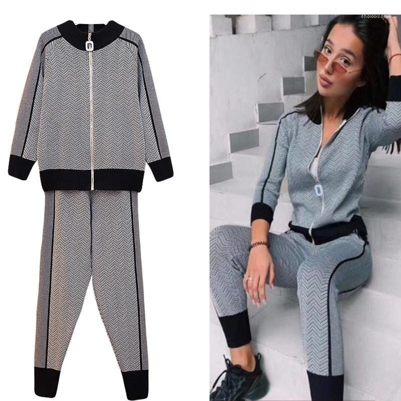 

Women's Tracksuits Women Streetwear Two Piece Sets 2022 Spring Autumn Jacket Slim Long Pants Sweater Outfits Woman Knitted Clothes, Black