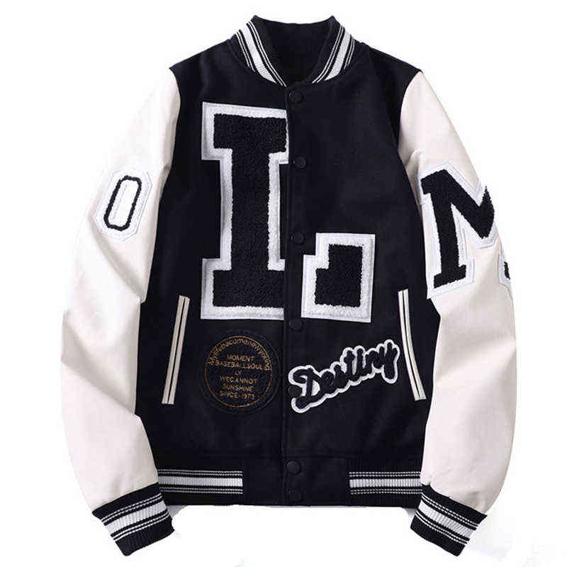 

Letter Embroidered Patchwork Bomber Jacket Men Hip Hop Harajuku Streetwear 2021 Baseball Uniform Jackets Couples College Jackets T220728, Blue