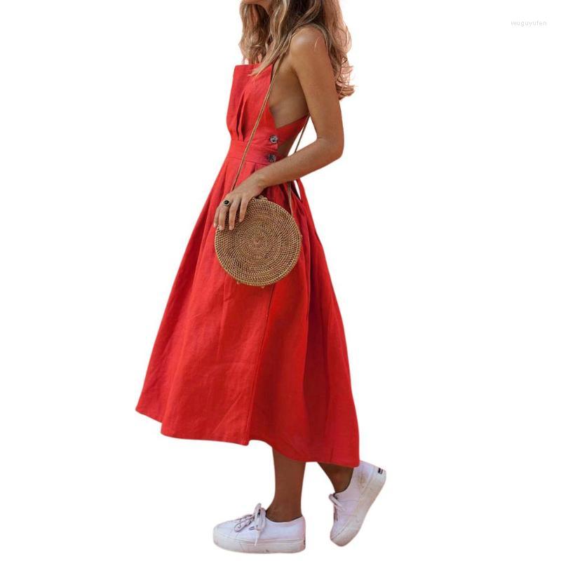 

Yfashion Vintage Cotton Backless Dress Women Summer Solid Red Fashion Sexy Bohemian Style Party Dresses Beach