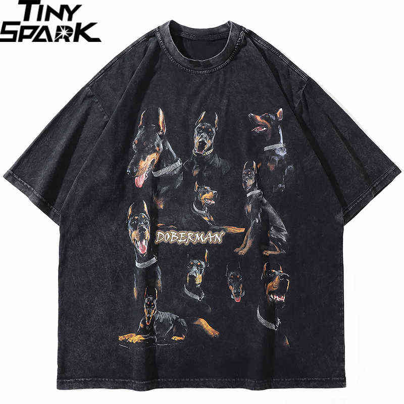 

2022 Men Hip Hop Streetwear T Shirt Doberman Dog Graphic T Shirt Cotton Loose Short Sleeve Black Washed Tshirt Oversize Harajuku J220727, A66766