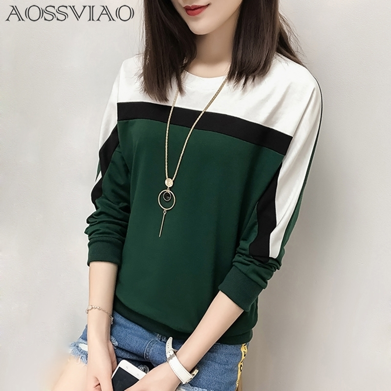 

AOSSVIAO Autumn Winter Long Sleeve T shirt Women Tops Tshirt Women Tshirt Oneck Loose Cotton Tee Shirt Femme Plus Size Y200109, Green