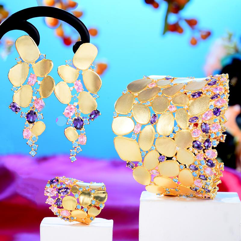 

Earrings & Necklace Charms 3PC Bracelet Ring Earring Set For Women Wedding Bridal Cubic Zircon Dubai PARTY Jewelry BOHO 2022Earrings Earring, As pic