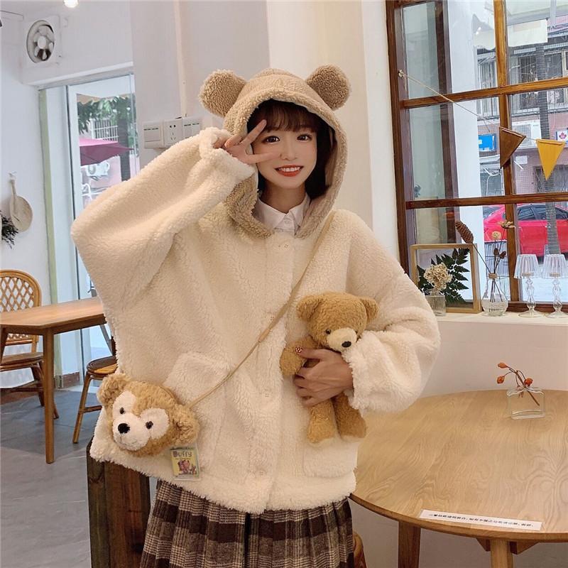 

Woman Hoodies Sweatshirt Comfortable Japanese Style Cute Bear Autumn Winter Sweatshirts Kawaii Plus Velvet Women Fleece Pullover Women's &, Apricot