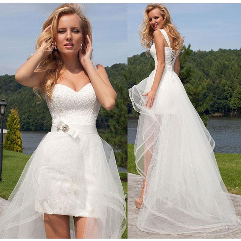 

Other Wedding Dresses Detachable Train Beach Mini Dress Sheer Sweetheart Neck Backless Short Skirt Vestido De Novia Lace Bridal Gowns, Same as picture