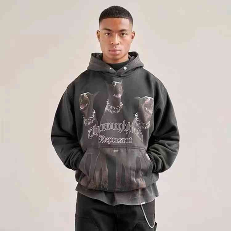 

New Design Brand Men's Fashion Autumn Winter 2022 New Hound Doberman Print Wash Used Loose Hoodie Wo Coat