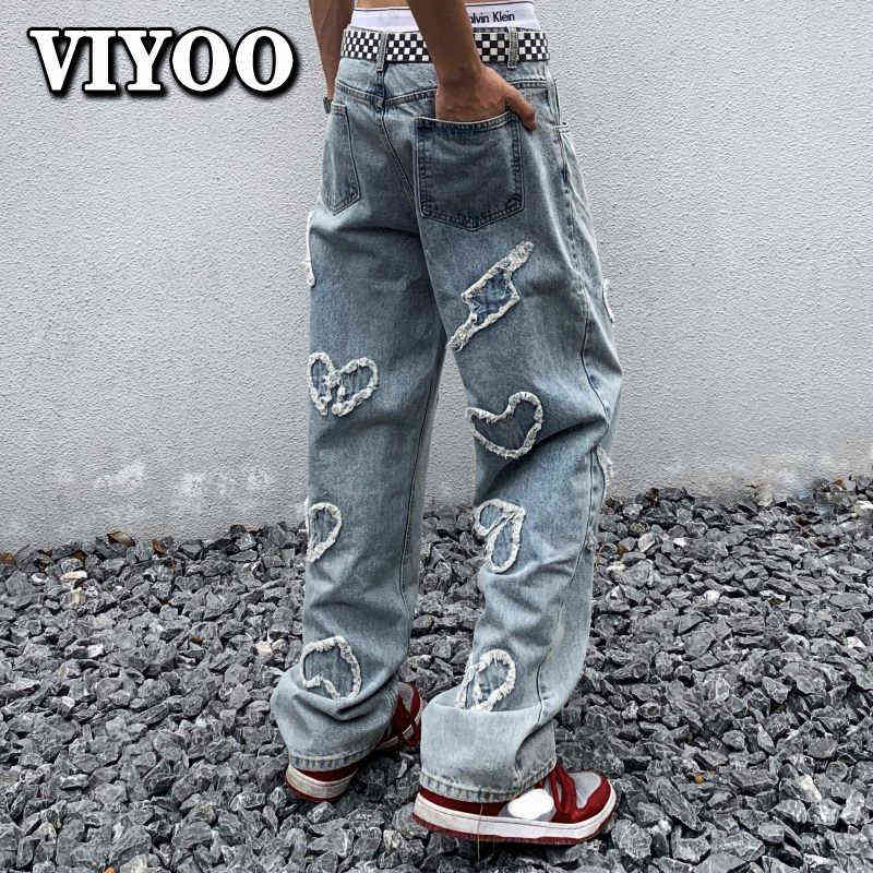 

Retro Men' Patchwork Vintage Heart High Waist Street Blue Y2K Jeans Straight Trousers Denim Pants Man Streetwear Wide Leg Jeans T220803