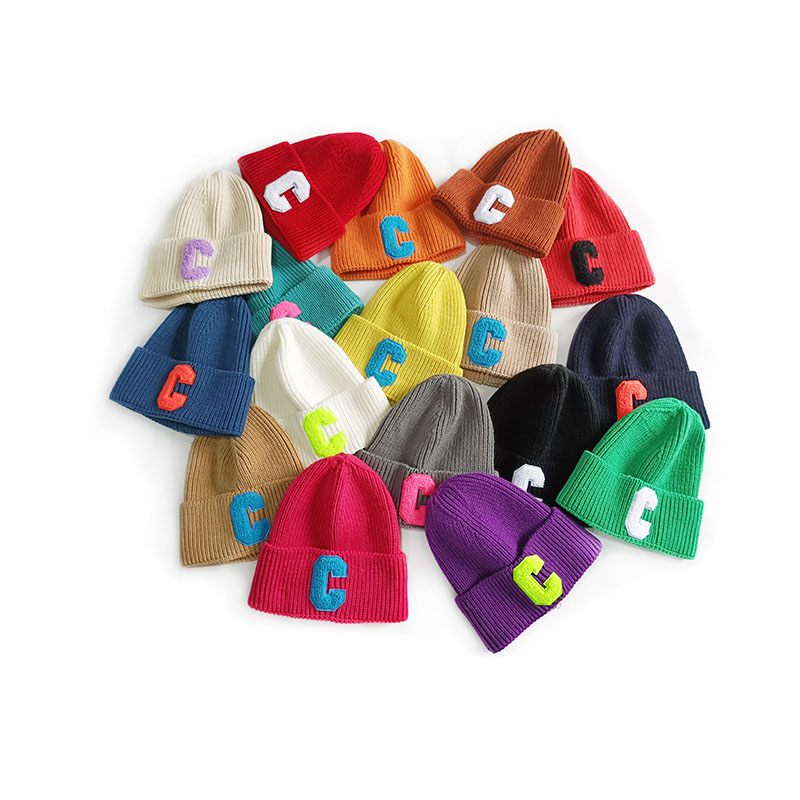 

M457 Autumn Winter Adult Knitted Hat Candy Color Caps C Letter Man Women Skull Beanies Warm Hats, Green