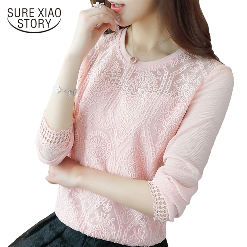 Vêtements coréens mode femmes hauts et chemisier à manches longues femme en mousseline de soie dentelle dames hauts solides femmes chemise Blusas