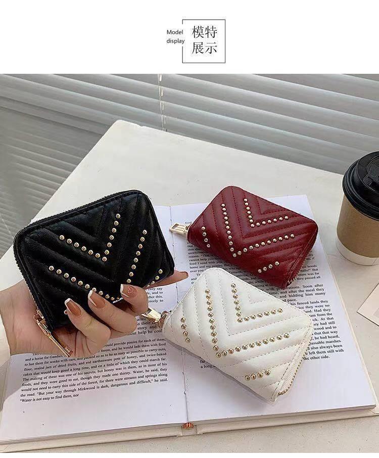 

Card Holders Fashion Women's Short Purse Solid Color Rivet Organ BagCard, Black