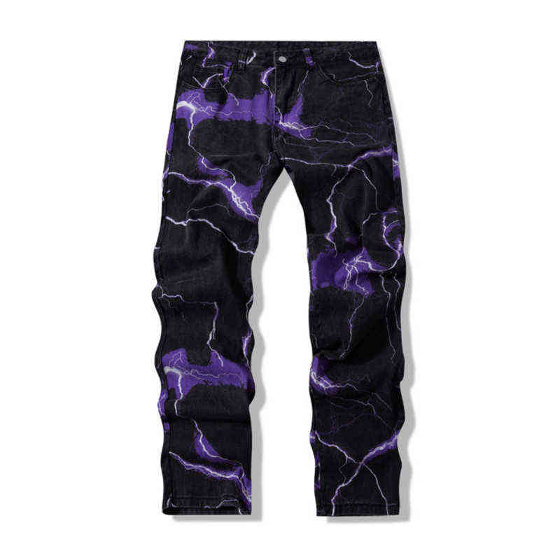 

2021 Vibe Style Lightning Print Tie Dye Men Straight Y2K Jeans Trousers Hip Hop Vintage Harajuku Women Denim Pants Ropa Hombre H220414, Black