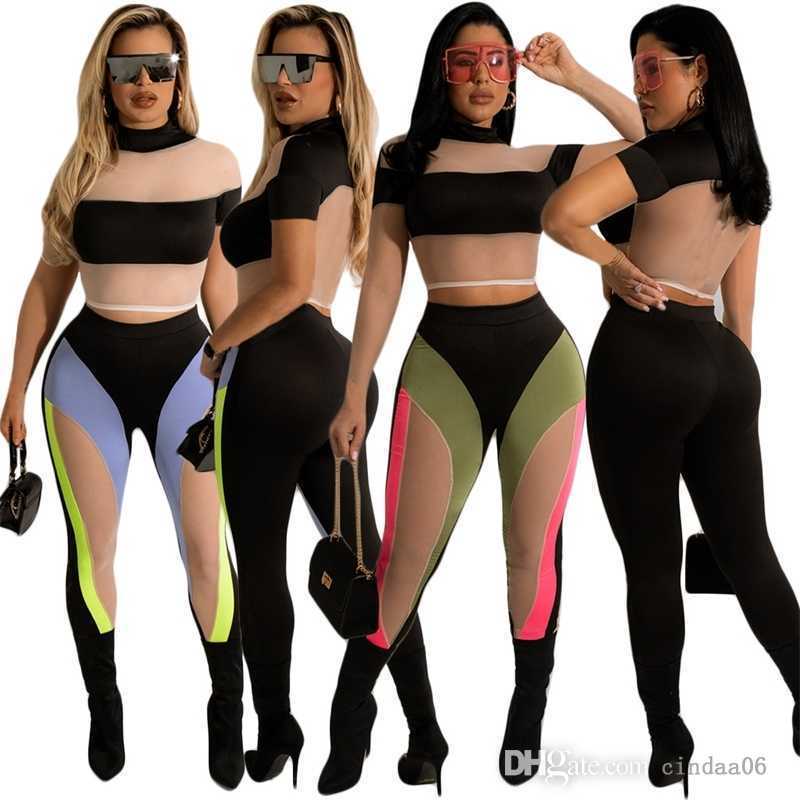 

Designer Womens Tracksuits Sexy Two Piece Sheer Yoga Pants Set 2022 New Fashion Mesh Stitching Contrasting Colors Short Sleeve Slim Fit Suit, Mix colors