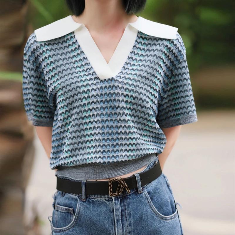 

Women's Sweaters Women Vintage Jacquard Sweater V-neck Short Sleeve Jumper Ladies Pullover Tops 2022 Summer
